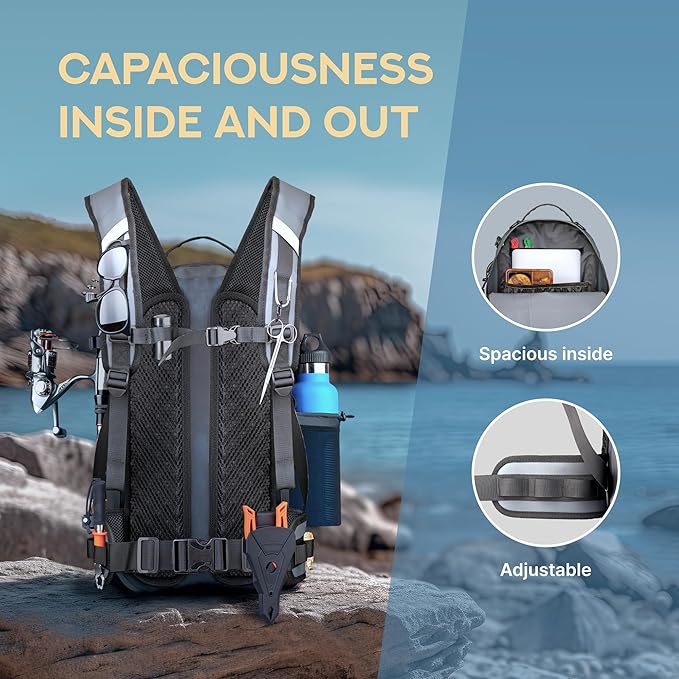 Xelfly - Waterproof Fishing Backpack with Rod Holder, Inflatable Air Valve, Padded Waist Straps & Gear Loops - Submersible Zipper, Rugged Top Handle, Adjustable Attachments (Gray)