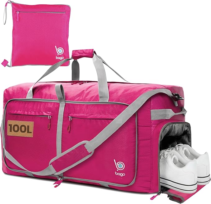 Bago Large Foldable Duffel Bags for Traveling Women & Men - 100L Packable Duffle Bag for Travel with Shoe Compartment - Water Repellant, Heavy Duty, Lightweight Folding & Collapsible (Pink)