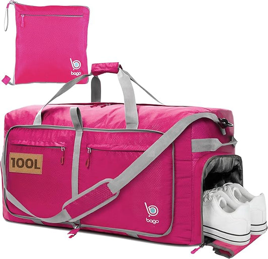 Bago Large Foldable Duffel Bags for Traveling Women & Men - 100L Packable Duffle Bag for Travel with Shoe Compartment - Water Repellant, Heavy Duty, Lightweight Folding & Collapsible (Pink)