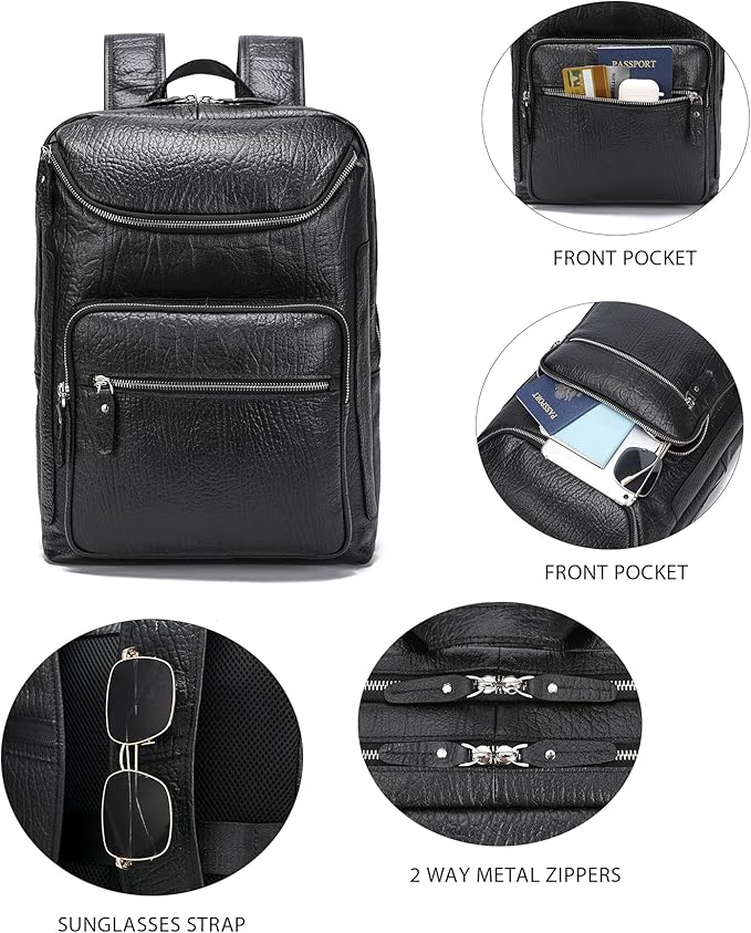 LANNSYNE Full Grain Leather Backpack For Men, 15.6" Leather Laptop Backpack Hiking Travel Bag Camping Rucksack