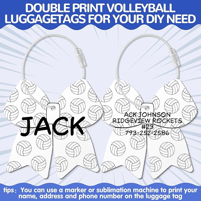 12 Pcs Volleyball Bow Luggage Tags for Volleyball Travel Suitcase Labels with Metal Ring 2.75in Volleyball-Related Keychain PVC Name ID Card and DIY Pocket Hug Card for Men Women Travel Bag Suitcase