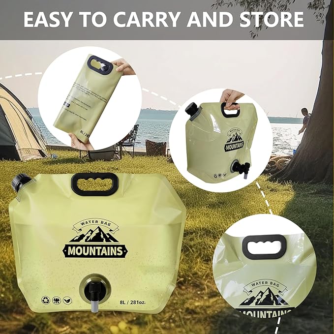 Collapsible 8L Water Storage Bag, BPA-Free Portable Folding Water Jug with Adjustable Faucet, Leakproof Emergency Water Bag for Camping, Hiking, Riding, Outdoor Sport (1, Beige)