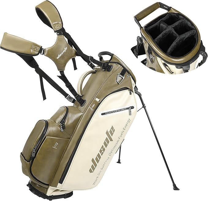WOSOFE PU Golf Bag with 6/14 Way Top Dividers Automatically Adjustable Dual Straps Elegant Design for Men Women Pu Golf Stand Bag with Multiple Pockets