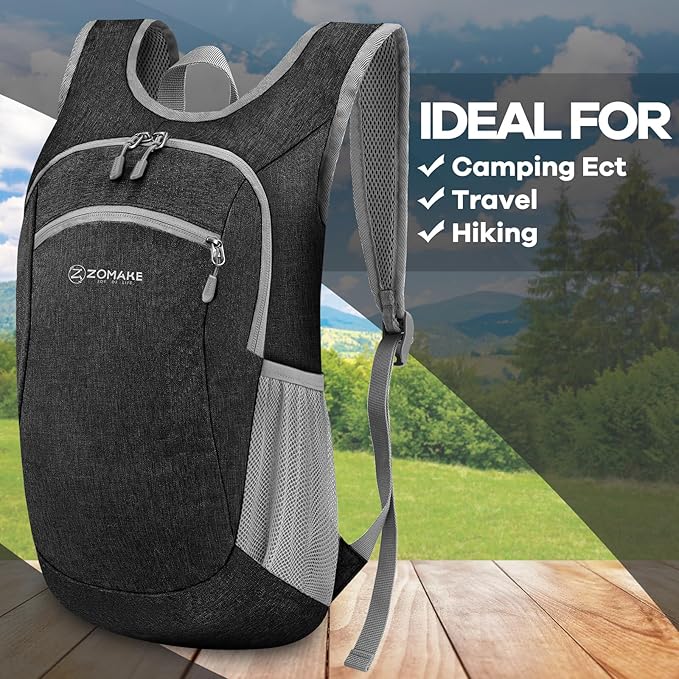 ZOMAKE Ultra Lightweight Packable Backpack 10L,Small Foldable Backpacks Hiking Water Resistant Collapsible Daypack for Women Men(Black-A1)