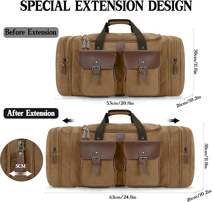 Canvas Duffle Bag for Men 50L Travel Duffel Bags Expandable Genuine Leather Duffel Overnight Weekender Carry On Bag Two Zipper Pockets Travel Bag (Coffee, Large-50L)
