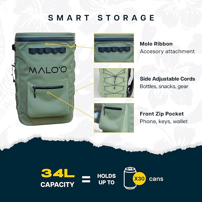 Malo'o Pro Adventure Insulated Backpack Cooler Holds 30 Cans for 48 Hours - Perfect for Camping, Hiking, Fishing, Kayaking, Sports, or Beach