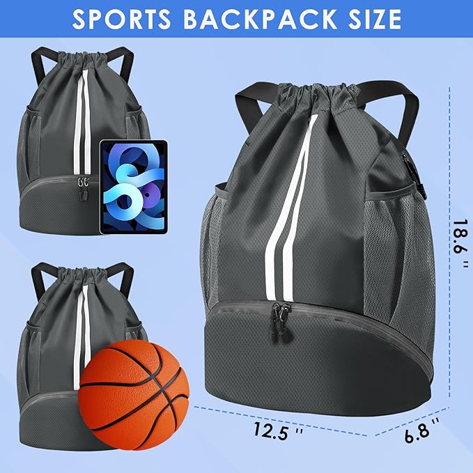 BROTOU Soccer Bags, Football Backpack, Volleyball Bag, Drawstring Backpack with Ball and Shoe Compartment, Football bags for Equipment Swim Gym Bag