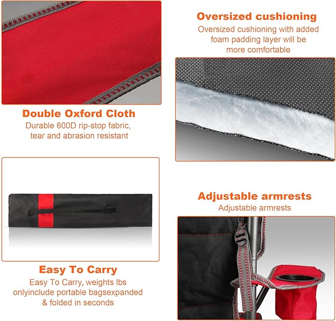 2 Pack Padded Oversized Camping Chairs for Adults,Heavy Duty Support 400 Lbs,Folding Portable Lawn Chair w/Cup Holder,Cooler Bag,Side Pocket,Perfect for Outdoor Picnic,Hiking(Red&Black)