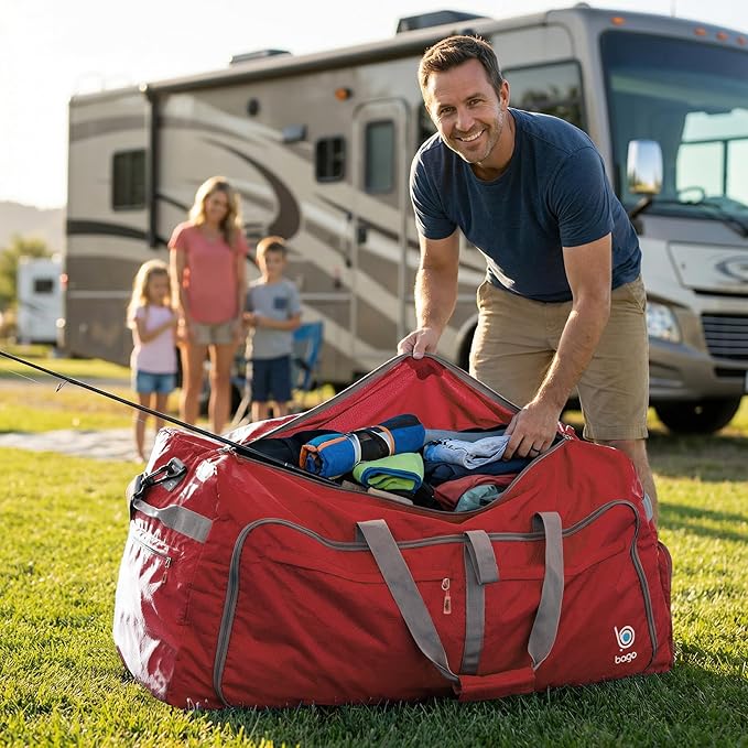 Bago Big XXL Foldable Duffel Bags for Traveling Women & Men - 140L Packable Duffle Bag for Travel with Shoe Compartment - Water Repellant, Heavy Duty, Lightweight Folding & Collapsible (Red)
