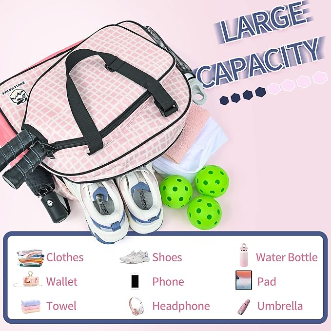 Boulder Bee Pickleball Bags, Premium Pickleball Tote Bag for Girls, Women’s Hand/Shoulder Gym Bag w Water Bottle Holder, with Pickleball Racquet/Paddle Holder