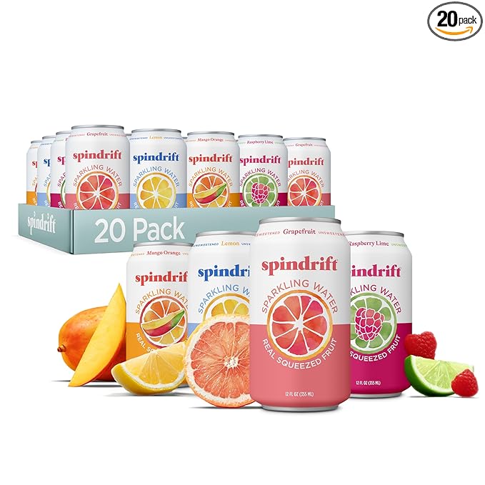 Spindrift Sparkling Water, 4 Flavor Variety Pack, Made with Real Squeezed Fruit, 12 Fl Oz (Pack of 20)