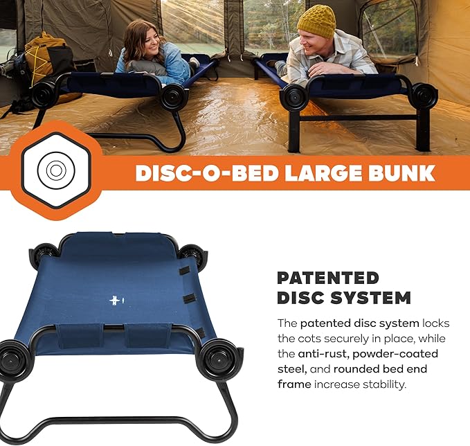 Disc-O-Bed Large Outdoor Convertible 2 Person Bench and Double Camping Cot Portable Bed Bunk System for Adults, Navy