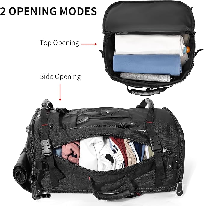 YOUMIAN Large Capacity For Travel Hiking Sports Carry On Backpack Durable Convertible Duffle Bag Laptop airplane (Black, 60L-Large DualMainOpening)