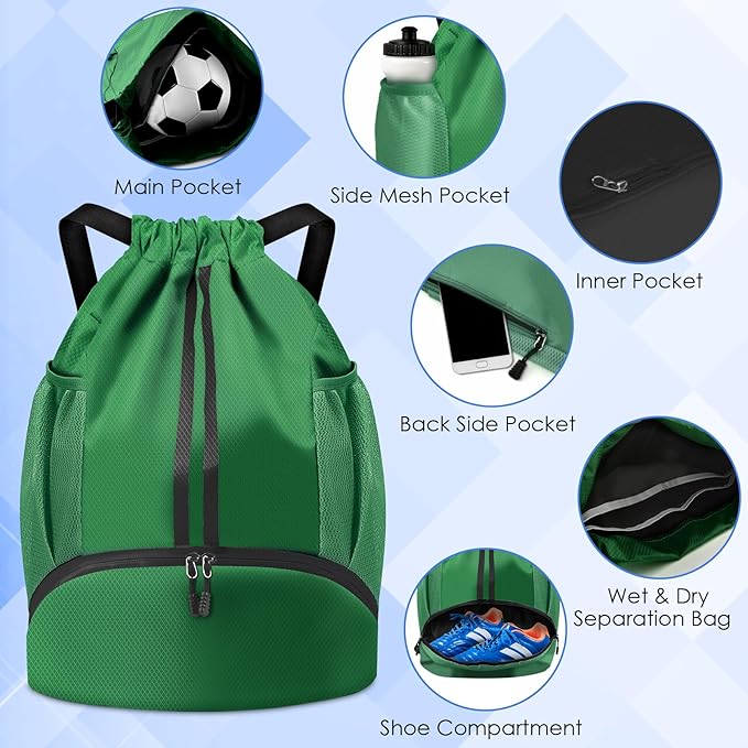 BROTOU Soccer Bags, Football Backpack, Volleyball Bag, Drawstring Backpack with Ball and Shoe Compartment, Football bags for Equipment Swim Gym Bag