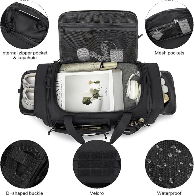 3 in 1 Tactical Gym Bag Backpack for Men 50-55L Expandable Travel Duffle Bag for Women Military Sport Duffel Bags Weekend Overnight with Shoe Compartment & Wet Pocket for Fitness, Black