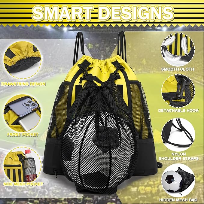 KAEGREEL Drawstring Soccer Bag Basketball Backpack for Kids Teens, Foldable Sports Bags Detachable Ball Mesh Bag for Gym Yoga Football Baseball