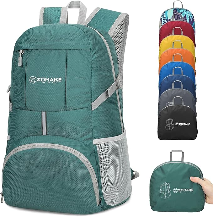 ZOMAKE Lightweight Packable Backpack 35L, Light Foldable Backpacks Water Resistant Collapsible Hiking Bag, Compact Folding Day Pack for Travel Camping(Dark Green)