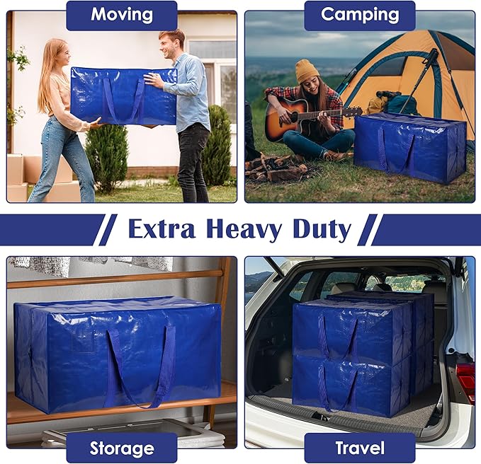 12 Pack Extra Large Heavy Duty Moving Bags with Reinforced Zipper & Wide Handles, Waterproof Storage Bins Packing Cubes for Clothes, College Dorm, Travel, and Home Organization, Blue