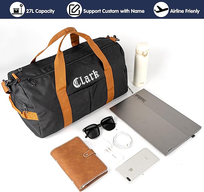 Duffle Bag for Men Personalized Overnight Bags Travel Bag with Durable Canvas Weekender Overnight Bag with Shoe Compartment Custom Groomsmen Gift for Travel Gym Storage Camping Moving (Black)