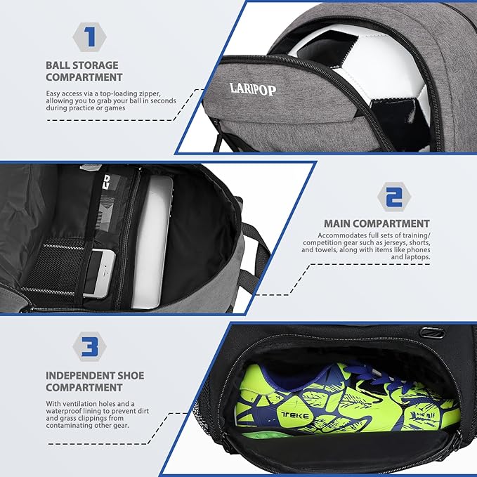 LARIPOP Soccer Backpack,Soccer Bag with Ball Holder and Shoe Compartment,Sports Equipment Training Bags Fits Basketball