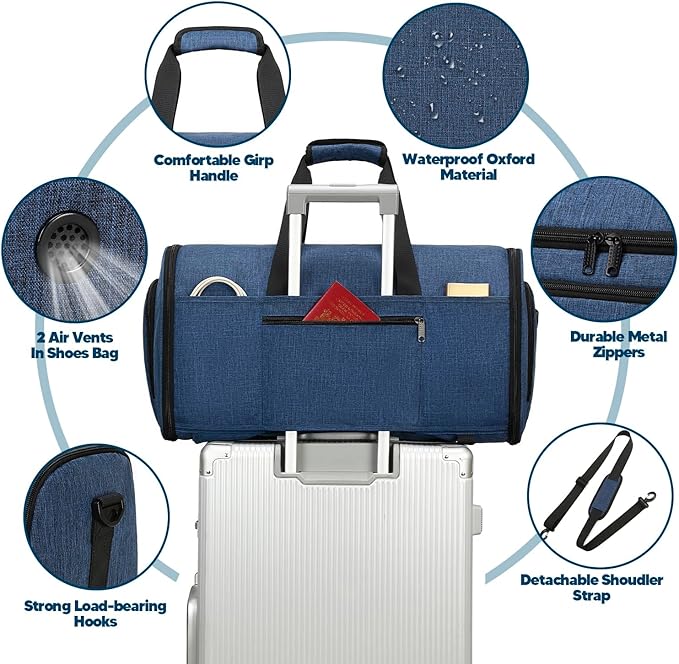 Garment Bags for Travel,4 in 1 Convertible Garment Bag Duffel Bags for Traveling, Suit Bag Travel with Shoulder Strap,58L Duffle Bag with Shoes Compartment for Men Women,Blue