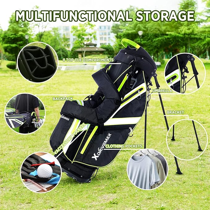 XDriveMax Golf Stand Bag, Lightweight 8-Way Top Dividers Golf Bag with Insulated Cooler Pocket, Dual Strap System & Rain Cover, Includes Golf Accessory Kit