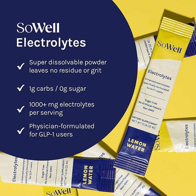 SoWell GLP-1 Electrolytes Lemon Water Drink Mix, Hydration Support Powder with Coconut Water, Trace Minerals and B6 Vitamins, Sugar-Free, 14 Stick Packs
