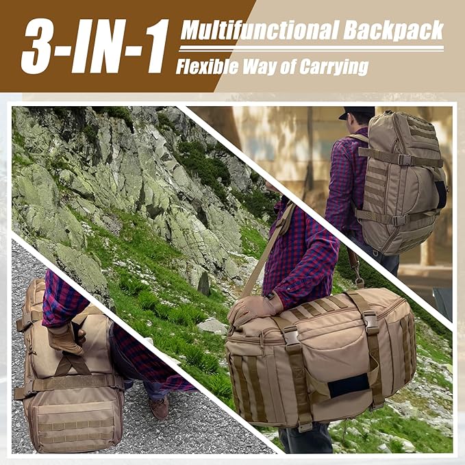 55L Large Travel Gym Duffle Bag Military Tactical Backpack, Army Pack 3 Day Bug Out Bag Rucksack for Outdoor Sport Hiking Camping with Molle System, Coyote