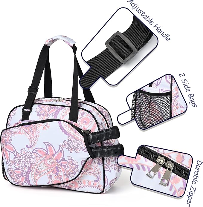 Boulder Bee Pickleball Bags, Premium Pickleball Tote Bag for Girls, Women’s Hand/Shoulder Gym Bag w Water Bottle Holder, with Pickleball Racquet/Paddle Holder