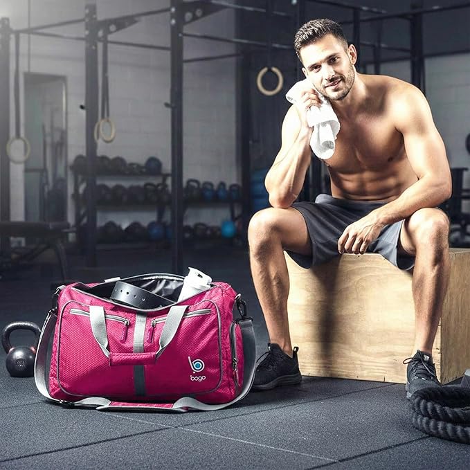 Bago Foldable Duffel Bags for Traveling Women & Men - 40L Sports Packable Duffle Bag for Travel with Shoe Compartment - Water Repellant, Heavy Duty, Lightweight Folding & Collapsible (Pink)