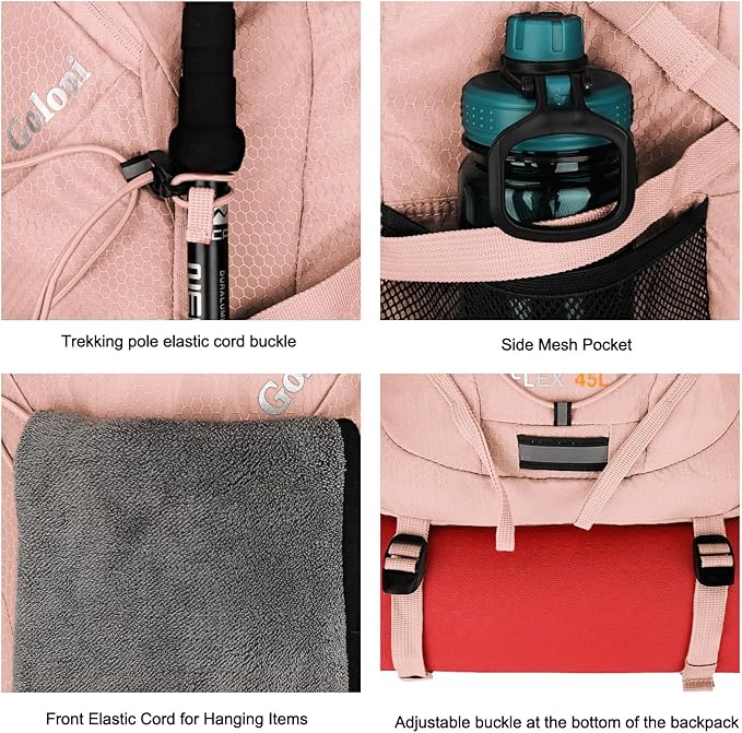 45L Hiking Backpack with Rain Cover, Lightweight Foldable Camping Backpack for Trekking, Water-Resistant Daypack with Hiking Pole & Mat Carrying System,Pink