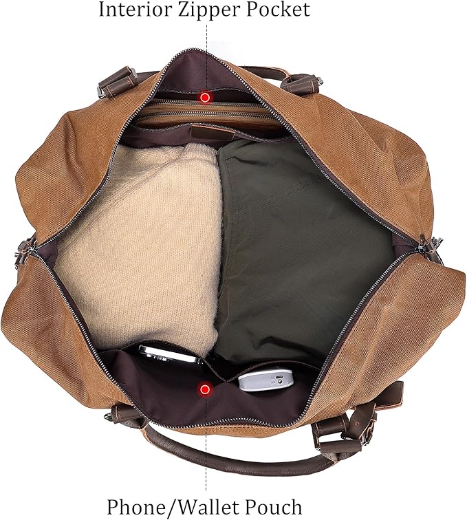 Polare 22” Waxed Canvas Cowhide Leather Travel Duffel Bag Waterproof Overnight Carry on Luggage Duffle 40L Sports Gym Weekender Bag