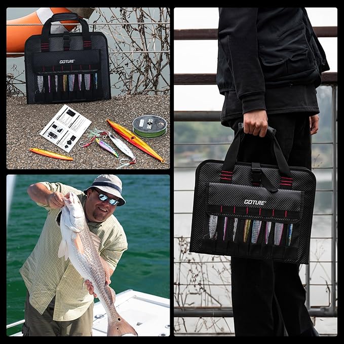 Goture Fishing Jig Bag,34 Mesh Pockets Portable Water-Resistant 600D PU Fishinig Lure Bag Saltwater Freshwater,Detachable Compartment, Suitable For Vertical Jig Slow Pitch Jigging Bait Tackle Storage