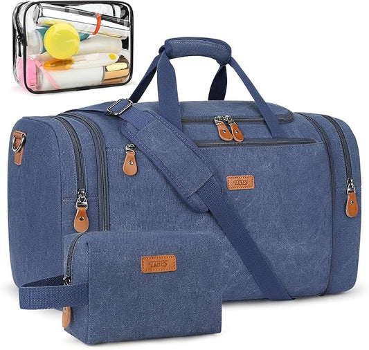 Canvas Mens Duffle Bag for Travel - Expandable 50L Weekender Bags with Toiletry Bag, Overnight Bag Travel Duffel Carry On Luggage with Removable Shoulder Strap, Durable & Water-Resistant