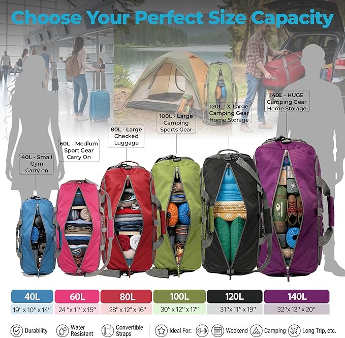 Bago Foldable Duffel Bags for Traveling Women & Men - 40L Sports Packable Duffle Bag for Travel with Shoe Compartment - Water Repellant, Heavy Duty, Lightweight Folding & Collapsible (Purple)