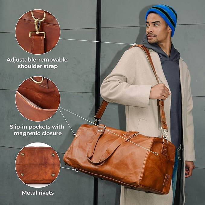 Berliner Bags Vintage Genuine Leather Duffle Bag Oslo for Travel or the Gym, Weekender, Travel Bag, Overnight Bag for Men and Women - Brown