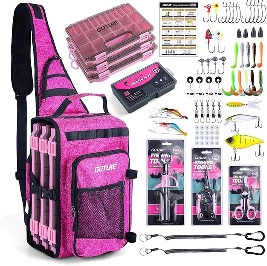 Goture OpenSide Tactical Sling Tackle Bag with 3 Tackle Trays,Lures & Fishing Tools, Lightweight Fishing Backpack Storage for Fishing Gear-Shimmering Pink Bag, Gift for Women