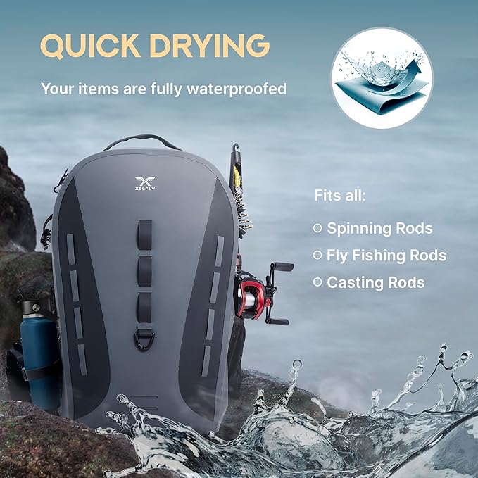 Xelfly Waterproof Fishing Backpack G2 with Rod Holder, Inflatable Air Valve, Padded Waist Straps & Gear Loops - Submersible Zipper, Rugged Top Handle, Adjustable Attachments (Gray)
