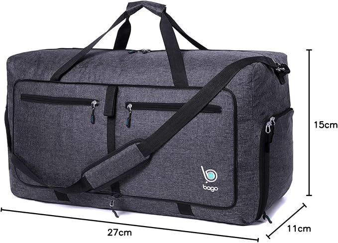Bago Large Foldable Duffel Bags for Traveling Women & Men - 80L Packable Duffle Bag for Travel with Shoe Compartment - Water Repellant, Heavy Duty, Lightweight Folding & Collapsible (SnowBlack)