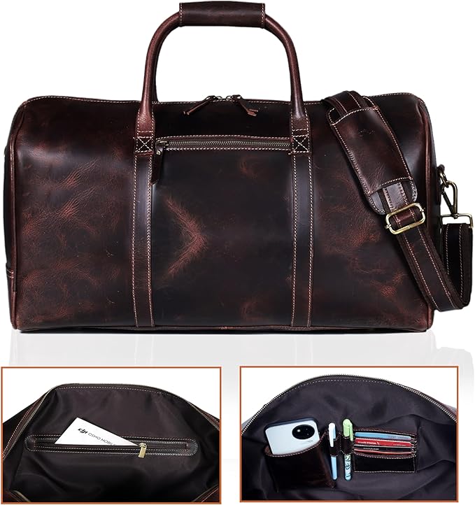 21 Inch Genuine Buffalo Leather Travel Duffle Bag | Overnight Weekend Leather Bag | Sports Gym Duffel for Men| Airplane Under Seat Carry on Bags (brown)