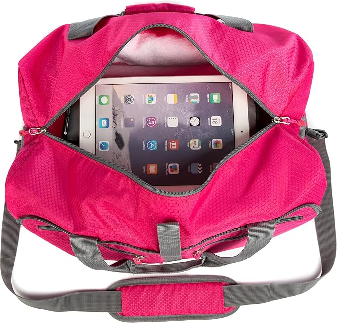 Bago Foldable Duffel Bags for Traveling Women & Men - 40L Sports Packable Duffle Bag for Travel with Shoe Compartment - Water Repellant, Heavy Duty, Lightweight Folding & Collapsible (Pink)