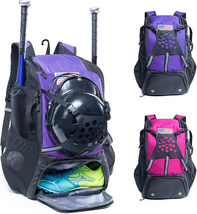 Baseball Backpack for Youth, Boys, Adults - Bat and Softball Equipment Bag With Glove Holder, Helmet, Shoes Compartment - T-Ball Accessories and Baseball Gifts