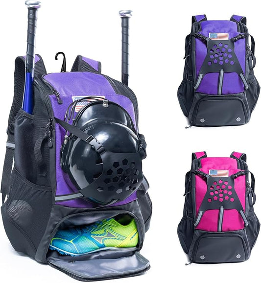 Baseball Backpack for Youth, Boys, Adults - Bat and Softball Equipment Bag With Glove Holder, Helmet, Shoes Compartment - T-Ball Accessories and Baseball Gifts