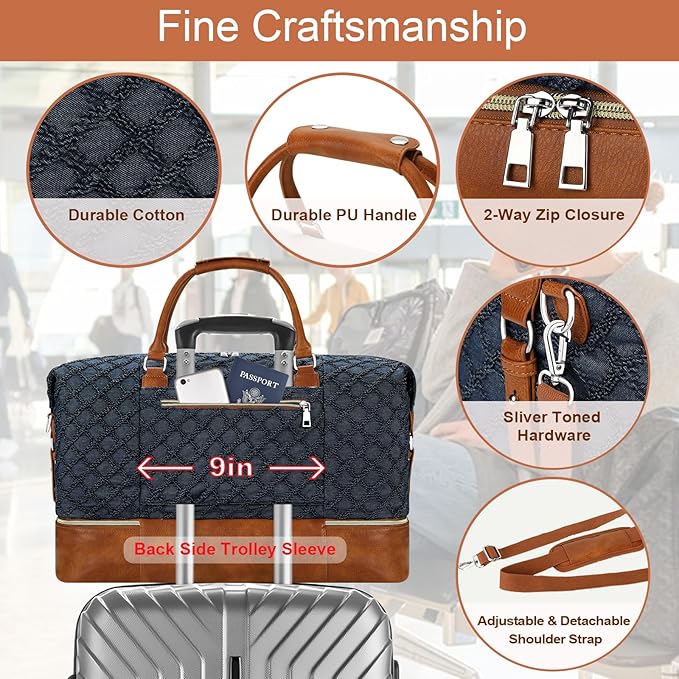 Weekender Bag for Women, Travel Duffel Bag Carry On Overnight Bag with Shoe Compartment Large Nylon Travel Weekend Tote Bag