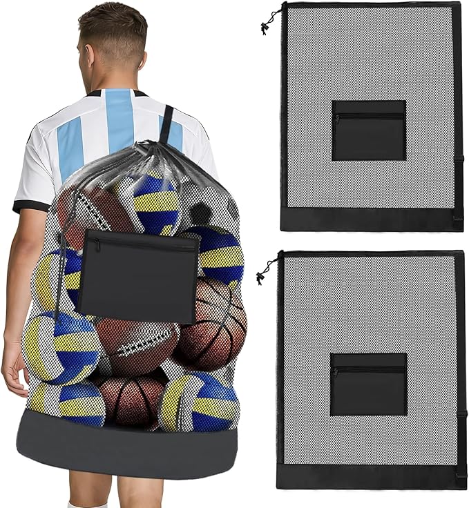 HEIFAM 2 Pack Soccer Ball Bag 40"X 30", Drawstring Mesh Ball Bag for Coaches, Extra Large Sport Ball Sack for Basketballs Volleyballs Soccers, Sports Storage Organizer for Beach Gym, Swimming Gear