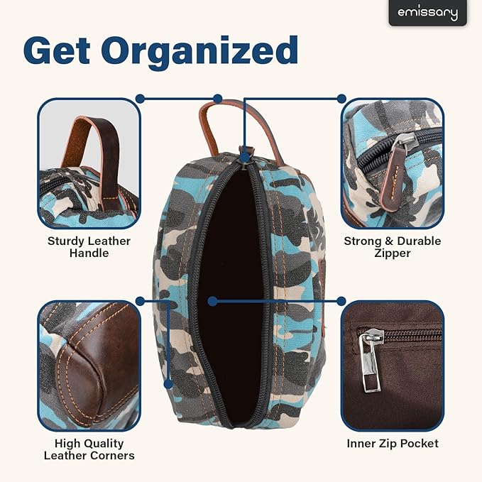 emissary Men's Toiletry Bag, Leather and Canvas Travel Toiletry Bag, Dopp Kit for Men,Bathroom Bag Men's Shaving Kit, Travel Kit Small Bags for Men, Shaving Bag for Travel (Camo-Blue)