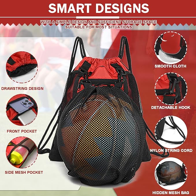 KAEGREEL Drawstring Soccer Bag Basketball Backpack for Kids Teens, Foldable Sports Bags Detachable Ball Mesh Bag for Gym Yoga Football Baseball