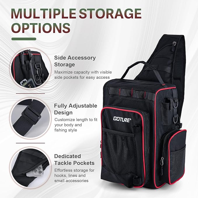 Goture OpenSide Fishing Sling Tackle Storage Bag with 3 Tackle Boxes, Lightweight Fishing Backpack Storge Gear - Black Bag Outdoor,Gift for men