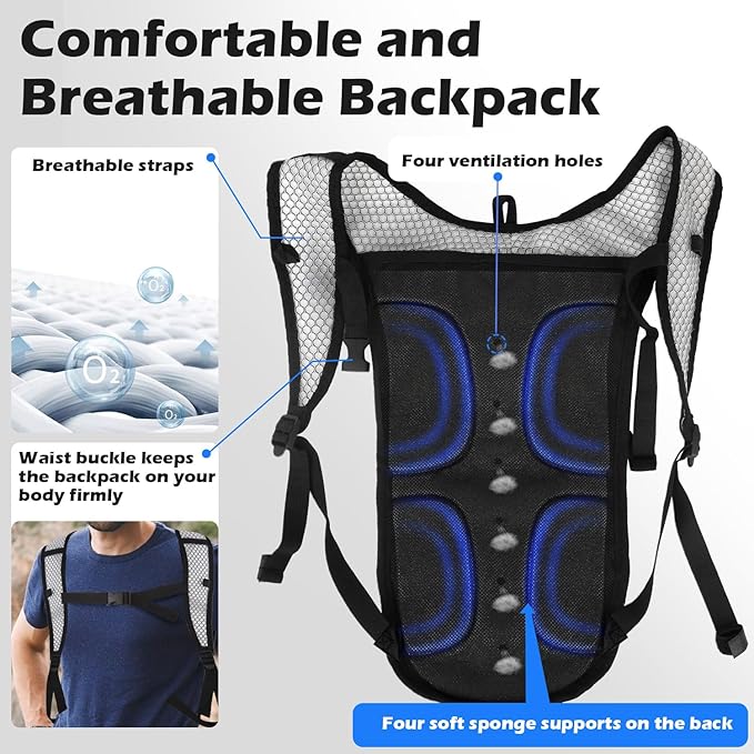 2 Pack Hydration Backpack Pack with 2L Hydration Bladder, TNYSPORT Lightweight Breathable Water Backpack with 3 Layer Pockets, Reinforced Shoulder Straps for Hiking Running Cycling