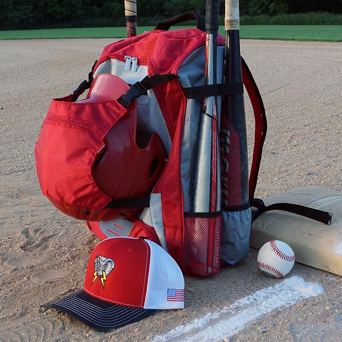 Baseball Backpack with Cleat/Shoe Pocket | Large Capacity | 19.5" T x 14" W x 7.5" D | Holds 4 Bats | External Helmet Storage | 3 Extra Zipper Pockets for Sunglasses, Seeds, Cell Phone (Red/Gray)